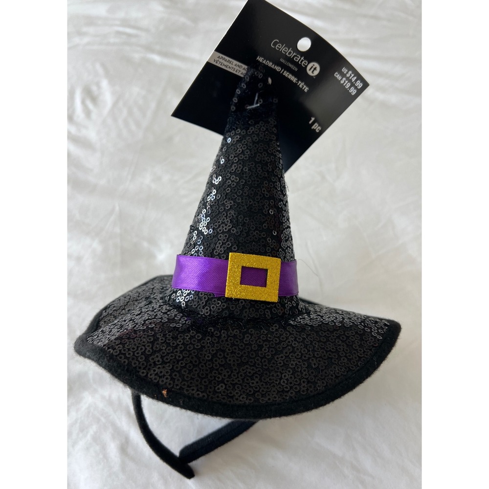 Celebrate It Halloween Black Sequin Mini Witch Hat Headband Purple Gold Buckle